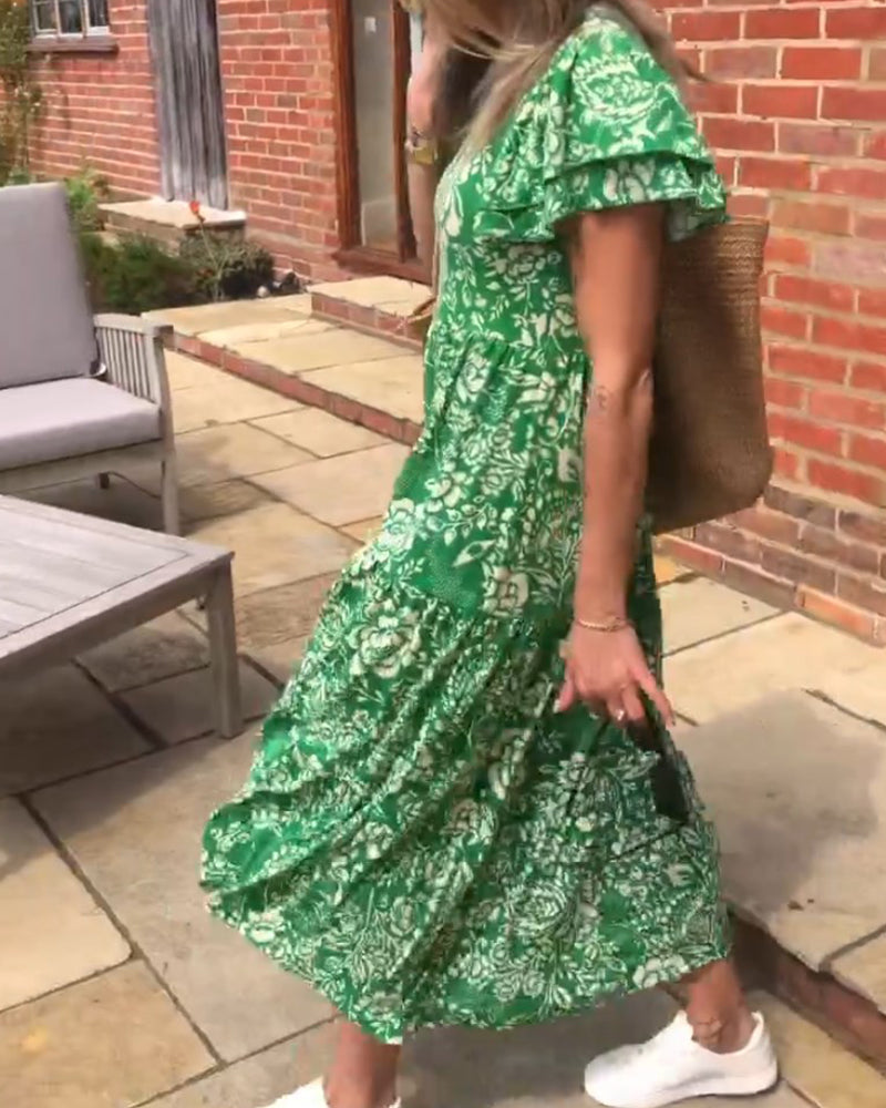 Van Gilsen® | Lange jurk met korte mouwen en bloemenprint