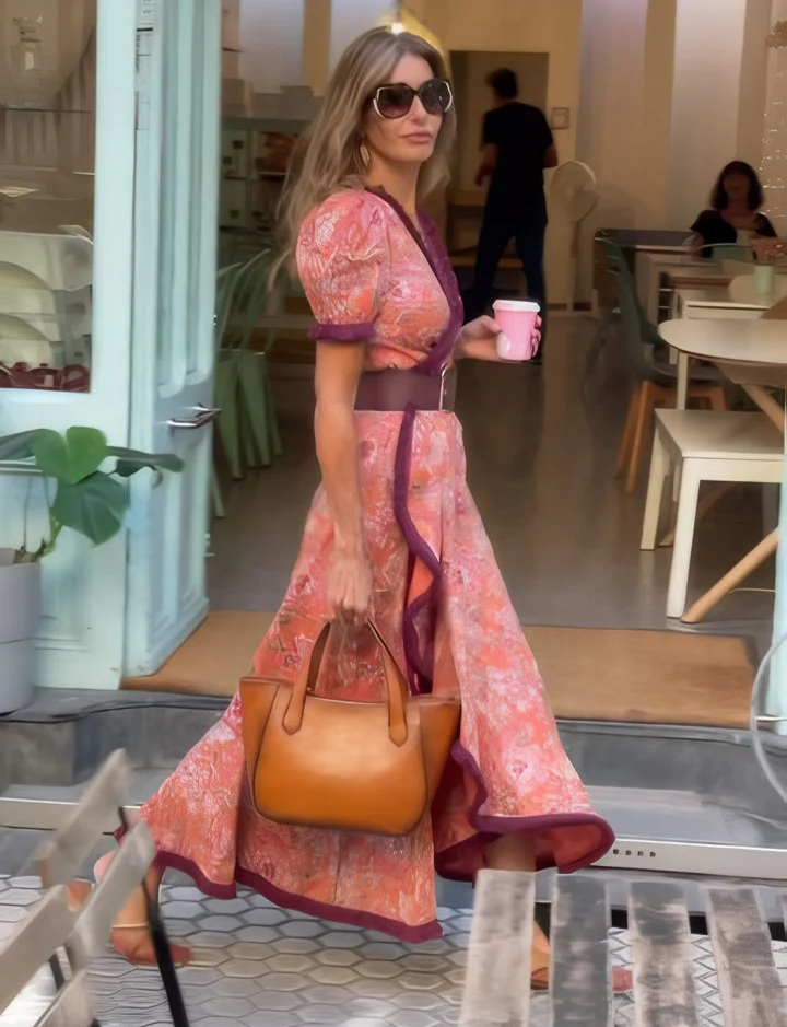Vera| Elegante Roze Maxi Dress met Korte Mouwen