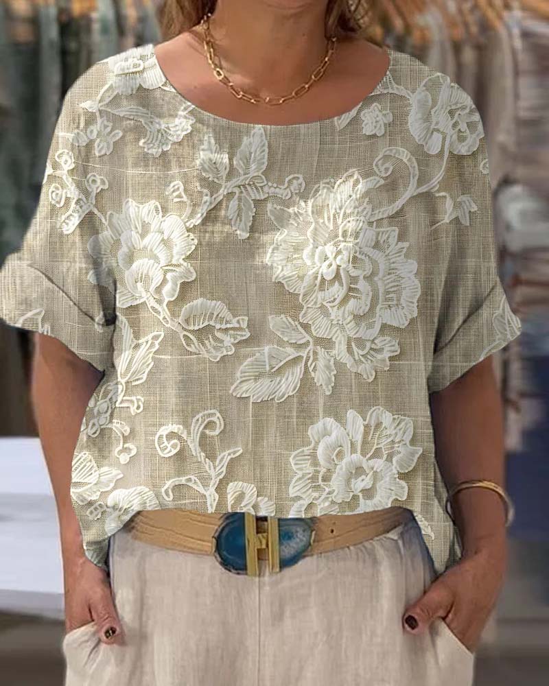 Elegant T-shirt Met Ronde Hals Retro Bloemig Stijl
