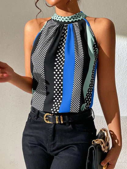 Jolien | Haltertop met Retro Print en Ruches