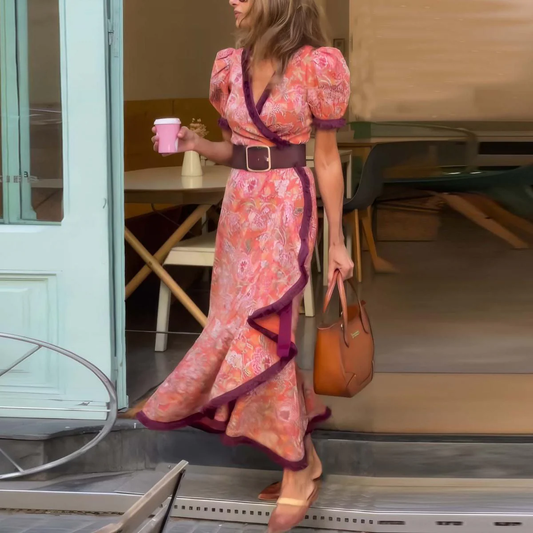 Vera| Elegante Roze Maxi Dress met Korte Mouwen