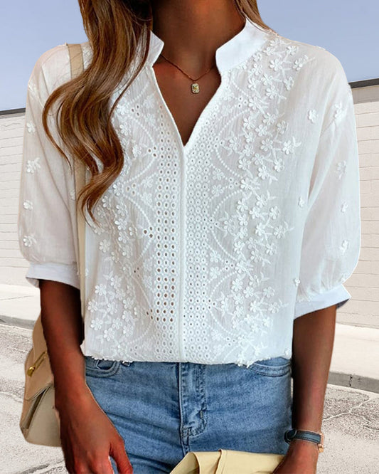 Geborduurde Blouse met Splitkraag