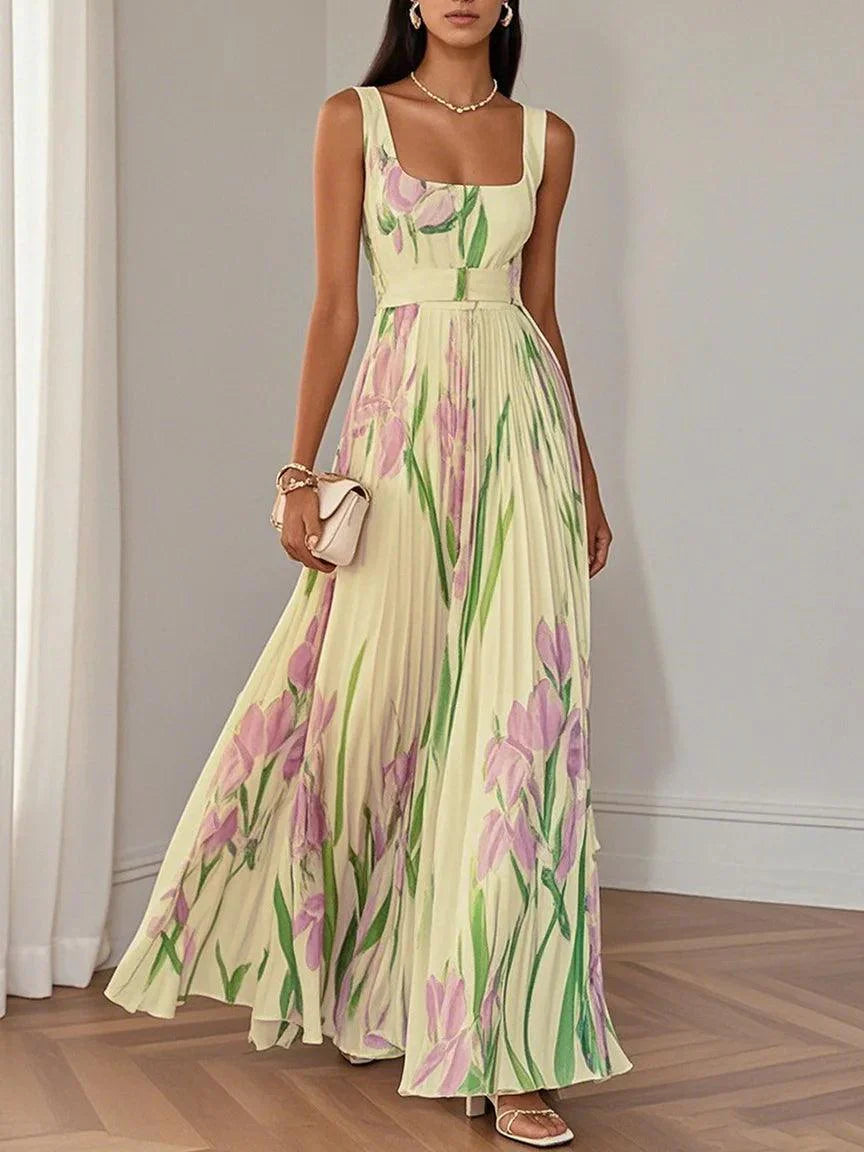 Witte Geplooide Bloemen Chiffon Vierkante Hals Mouwloze A-Lijn Maxi Jurk