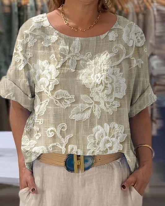 Elegant T-shirt Met Ronde Hals Retro Bloemig Stijl