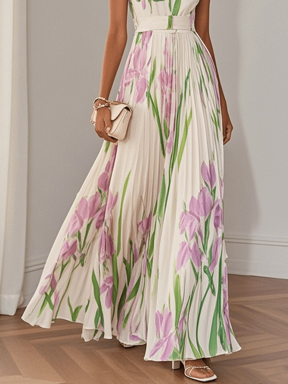 Witte Geplooide Bloemen Chiffon Vierkante Hals Mouwloze A-Lijn Maxi Jurk