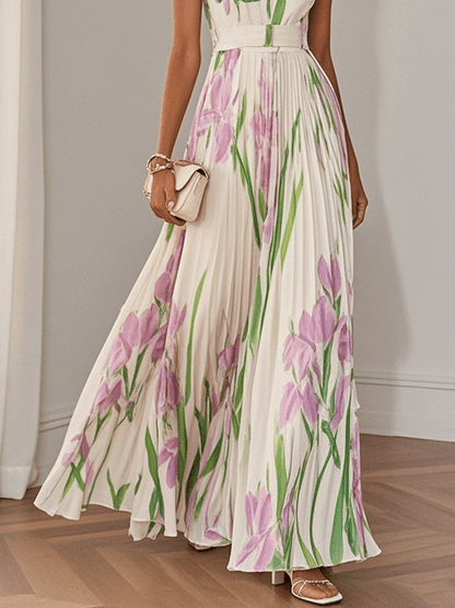 Witte Geplooide Bloemen Chiffon Vierkante Hals Mouwloze A-Lijn Maxi Jurk