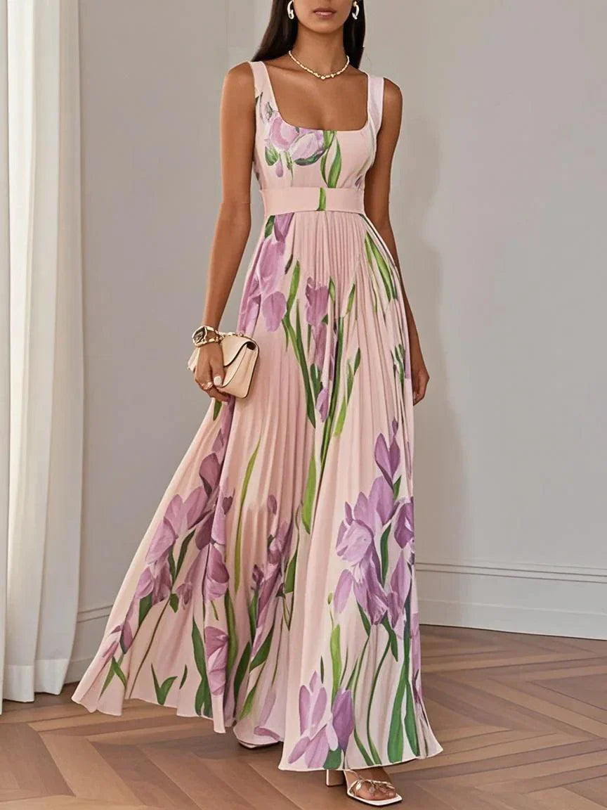 Witte Geplooide Bloemen Chiffon Vierkante Hals Mouwloze A-Lijn Maxi Jurk