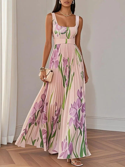 Witte Geplooide Bloemen Chiffon Vierkante Hals Mouwloze A-Lijn Maxi Jurk