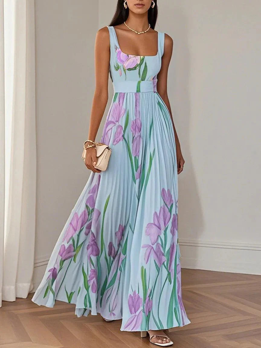 Witte Geplooide Bloemen Chiffon Vierkante Hals Mouwloze A-Lijn Maxi Jurk