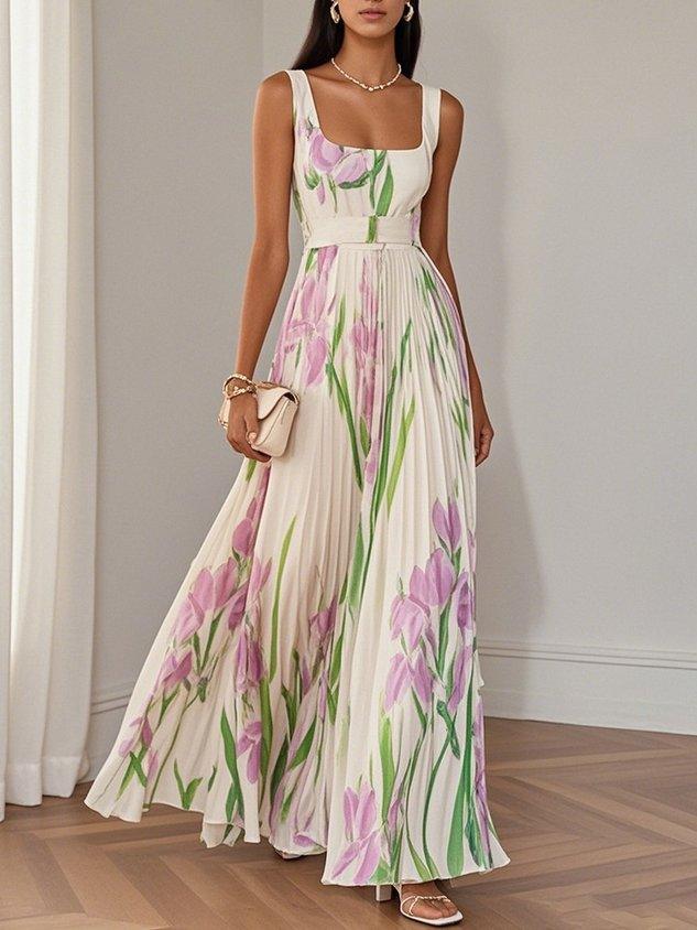 Witte Geplooide Bloemen Chiffon Vierkante Hals Mouwloze A-Lijn Maxi Jurk
