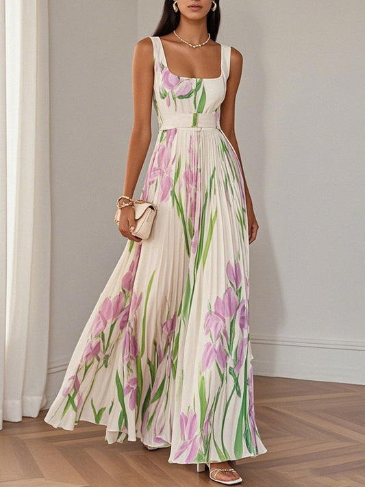 Witte Geplooide Bloemen Chiffon Vierkante Hals Mouwloze A-Lijn Maxi Jurk