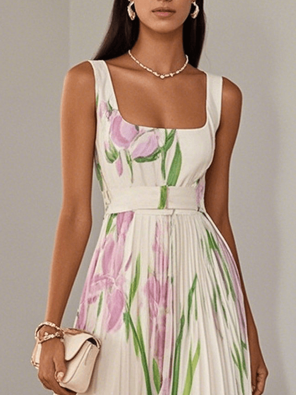 Witte Geplooide Bloemen Chiffon Vierkante Hals Mouwloze A-Lijn Maxi Jurk