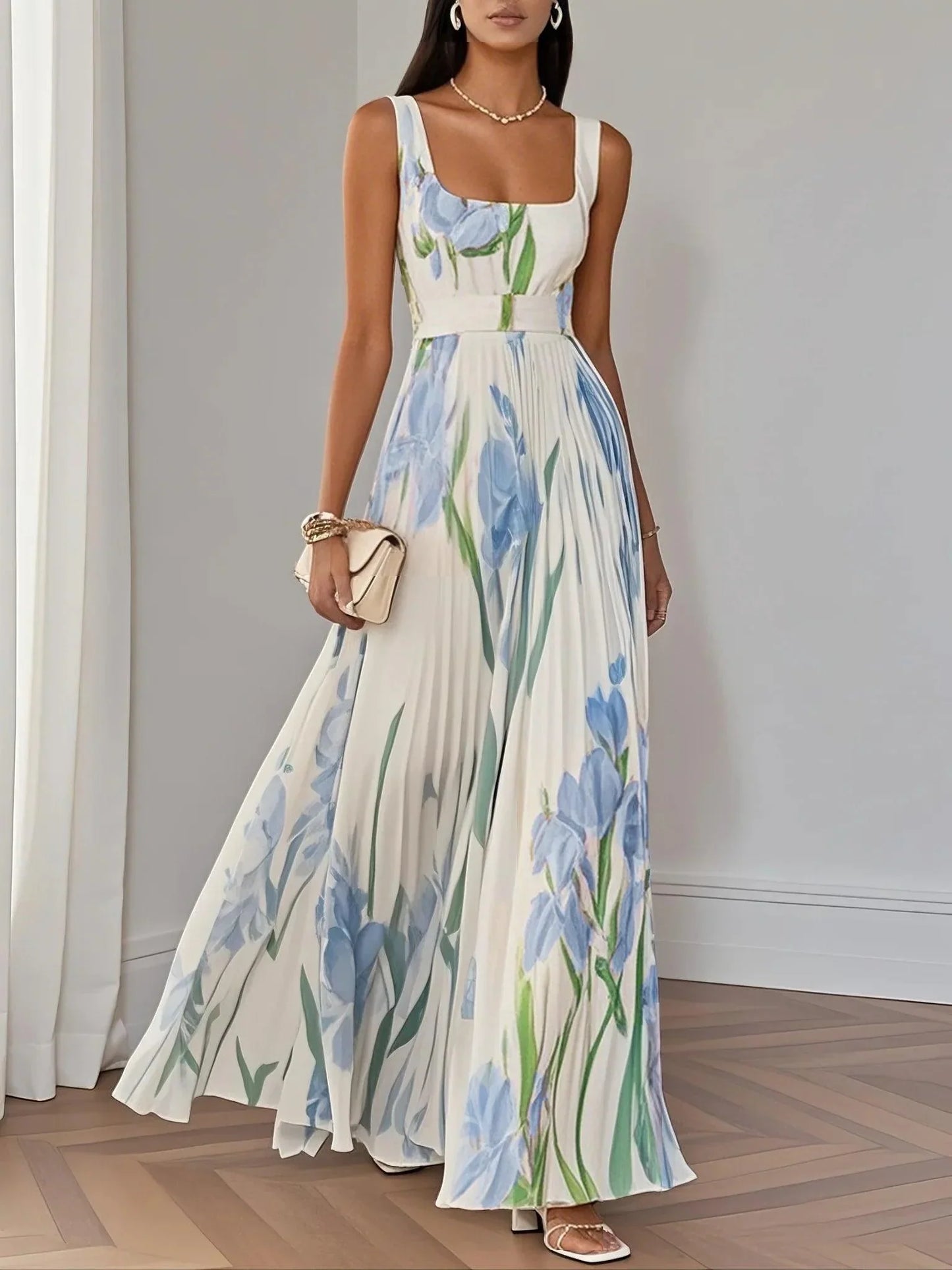 Witte Geplooide Bloemen Chiffon Vierkante Hals Mouwloze A-Lijn Maxi Jurk