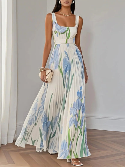 Witte Geplooide Bloemen Chiffon Vierkante Hals Mouwloze A-Lijn Maxi Jurk